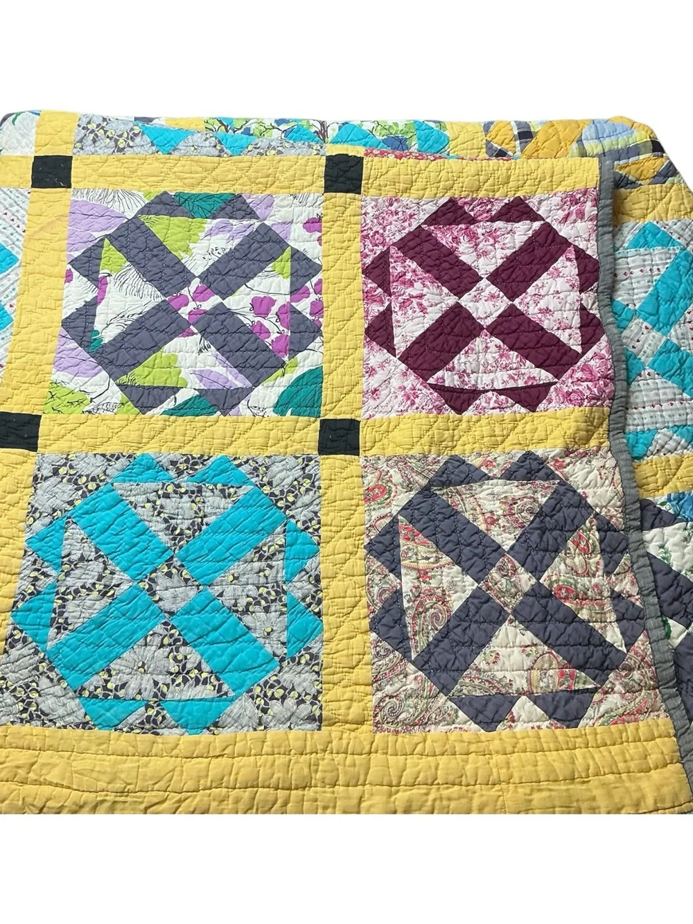 Vintage handstitched cross pattern multicolored patchwork quilt 70 x 75 USA made